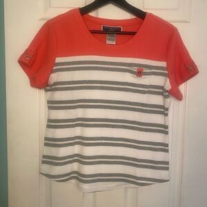 Karen Scott Sport Petite Medium Coral Gray White Front Pocket T-Shirt